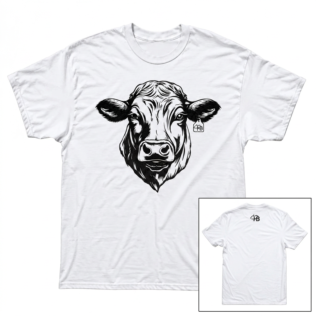 HB Angus Head white T-shirt front with a smaller back view in the bottom-right corner