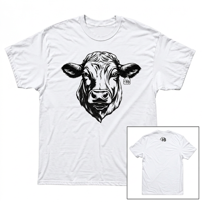 HB Angus Head white T-shirt front with a smaller back view in the bottom-right corner